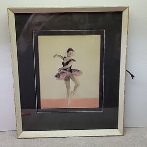 VINTAGE ORIGINAL COLORED LITHOGTAPHY LITHO PRINT FRAMED  BALLERINA